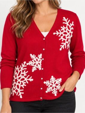 Mercer Street Studio Red Snowflake Ugly Christmas Cardigan Sweater Size L